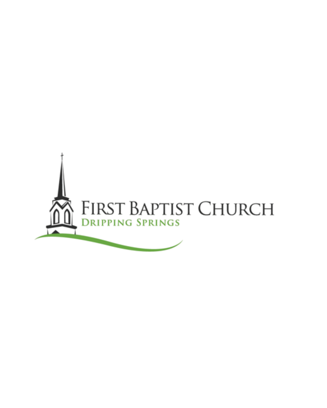 A logo for First Baptist Church displaying a church steeple on the left and the church's name in bold lettering, with the word Presbyterians in green underneath.