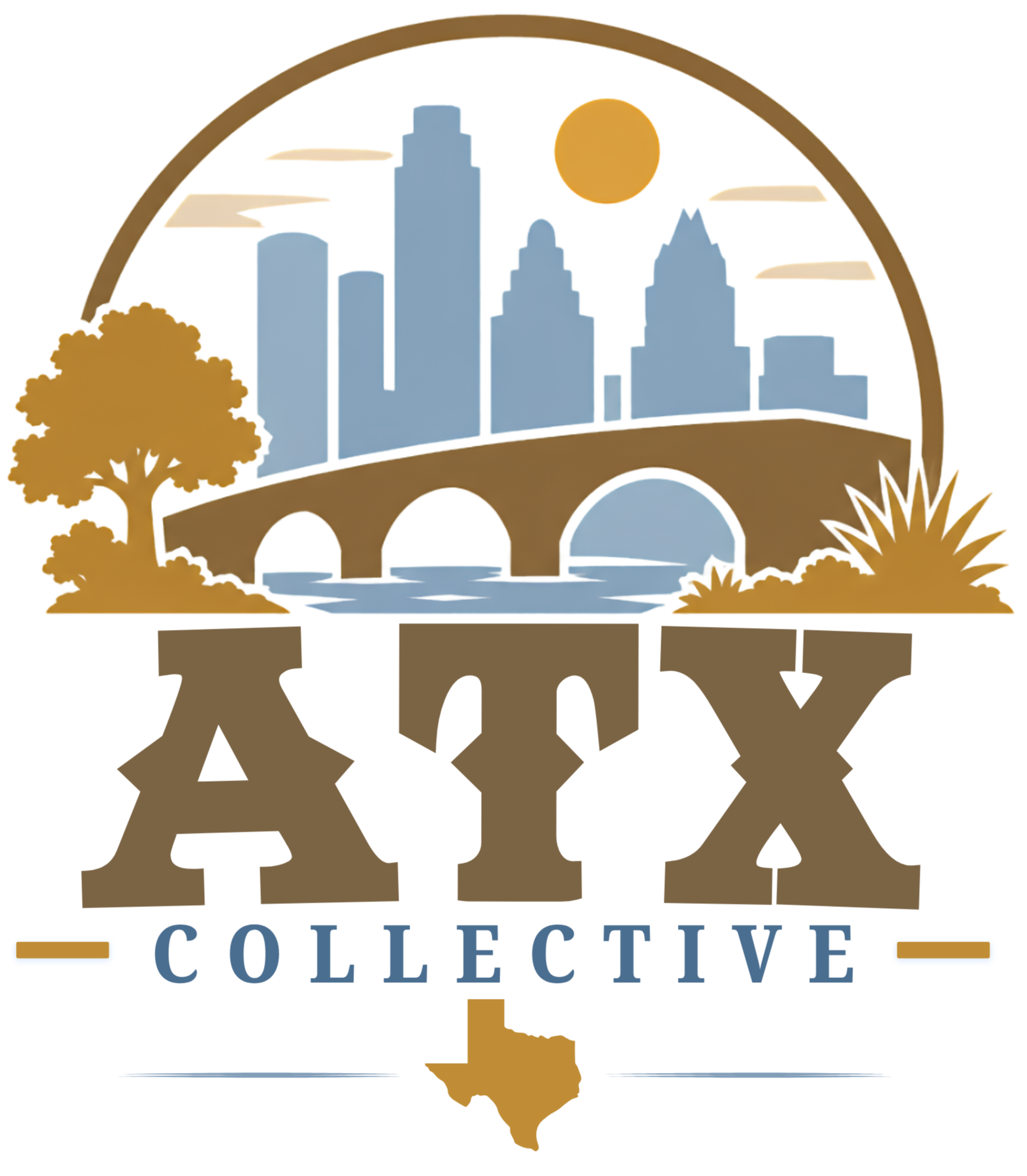 A stylized graphic of a city skyline with tall buildings under a sun, surrounded by trees and a bridge.