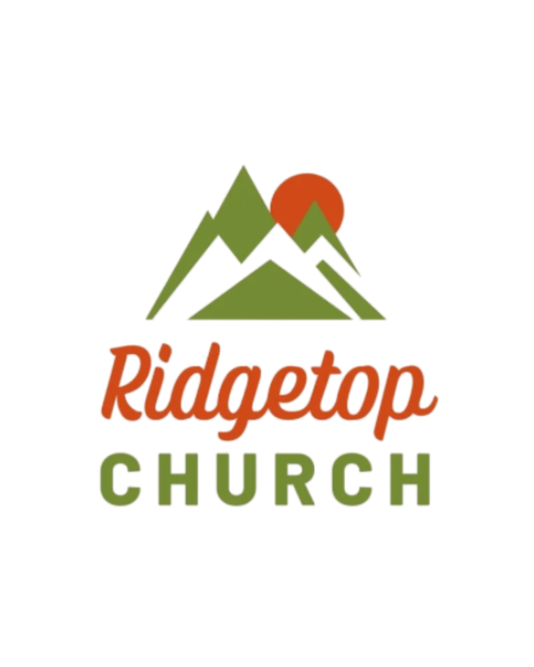 Logo of Ridgtop Church featuring mountain peaks with a red sun behind them, and the church name in red and green text.