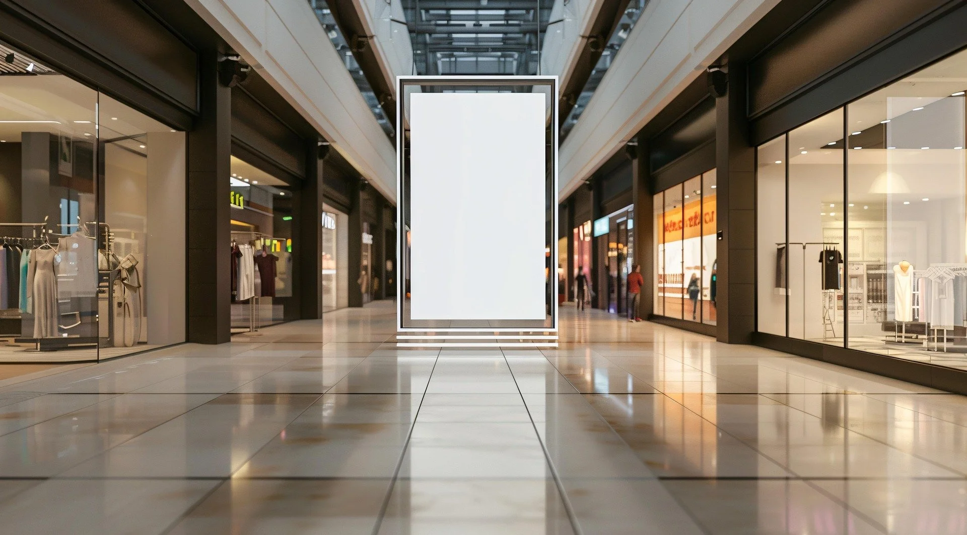 An indoor shopping mall corridor with stores on both sides and a large, blank vertical digital billboard in the center.