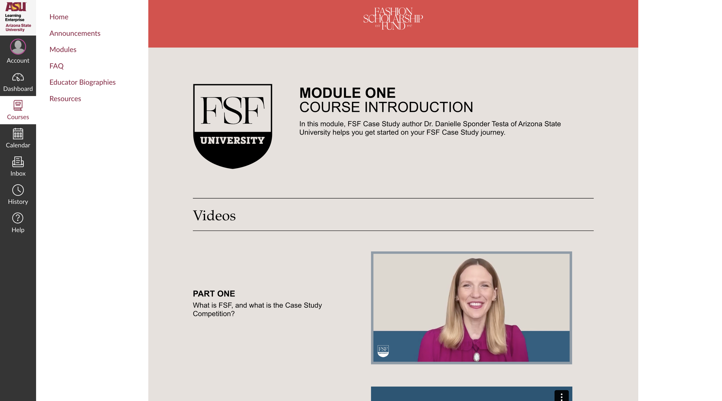 Screenshot of an online course page titled 'Module One Course Introduction' from Arizona State University, featuring a video of a smiling woman in a purple top with long blonde hair.