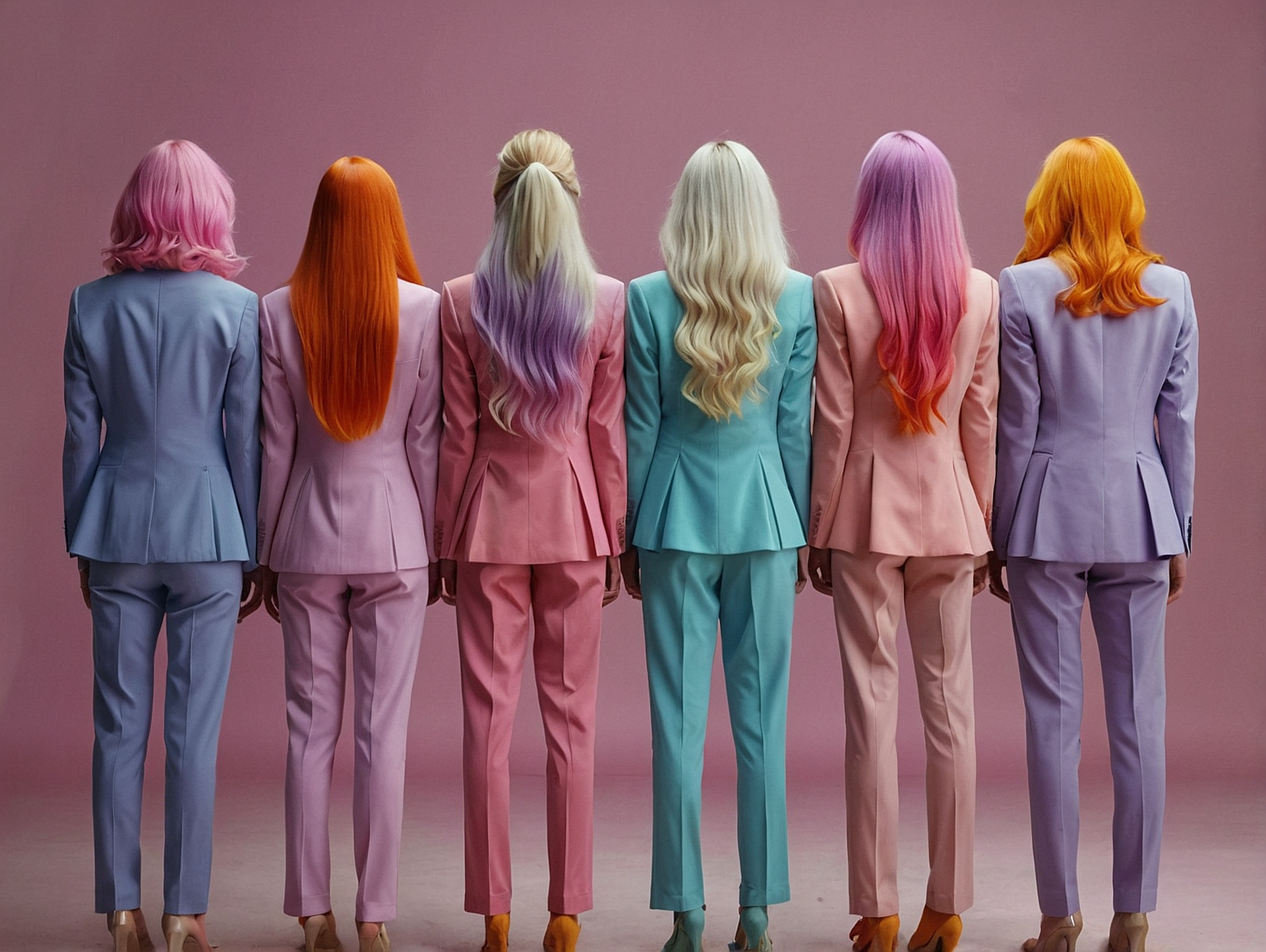Seven women seen from the back, wearing colorful suits in pastel shades, standing against a plain pink background.