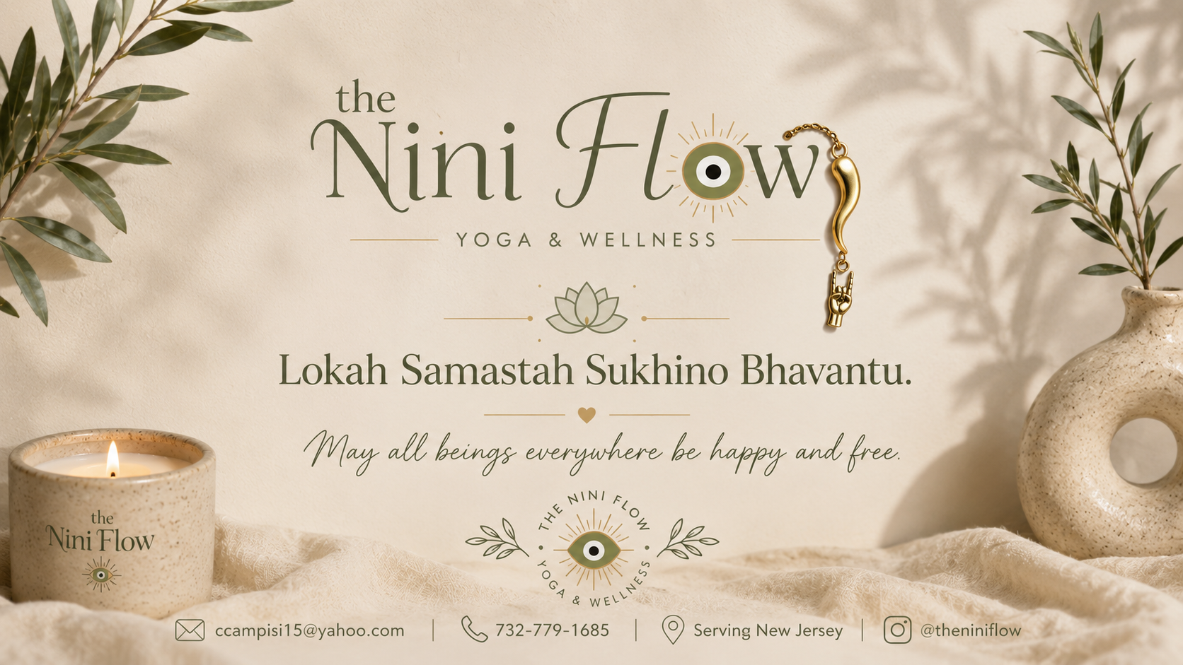 The Nini Flow logo and wellness brand banner featuring neutral botanical elements, contact information, and the message “May all beings everywhere be happy and free.