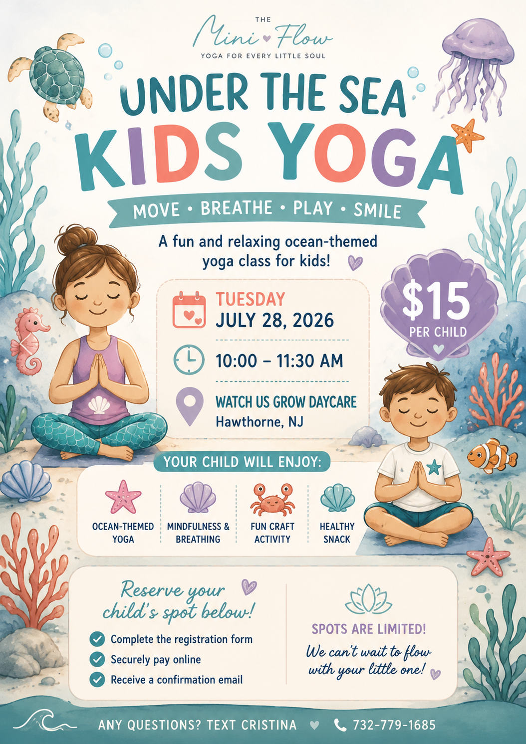 Under the Sea Kids Yoga event flyer for The Nini Flow featuring ocean-themed yoga, mindfulness, a craft, and healthy snacks at Watch Us Grow Daycare in Hawthorne, New Jersey.