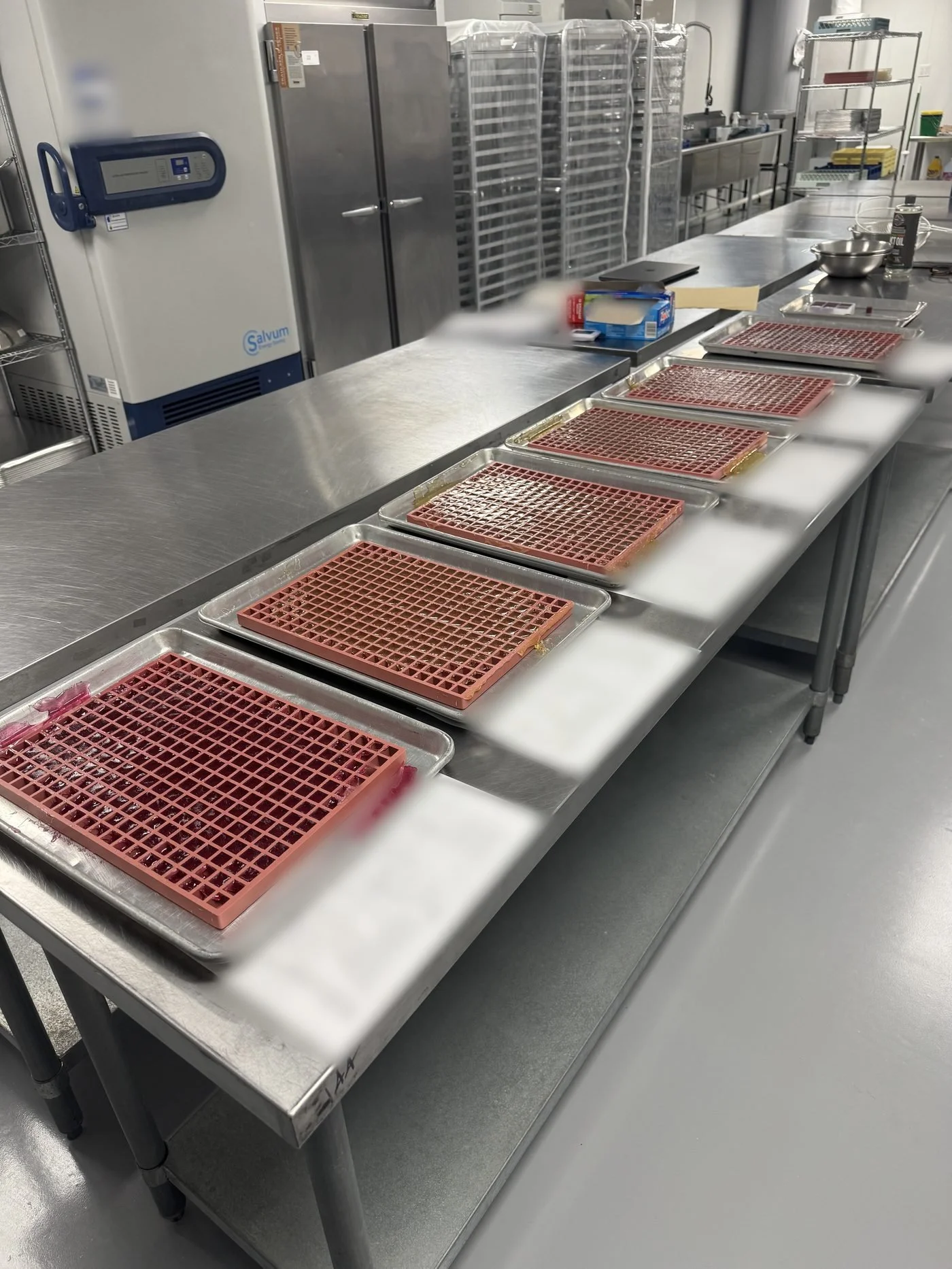 Gummy molds cooling on trays in the AFG facility