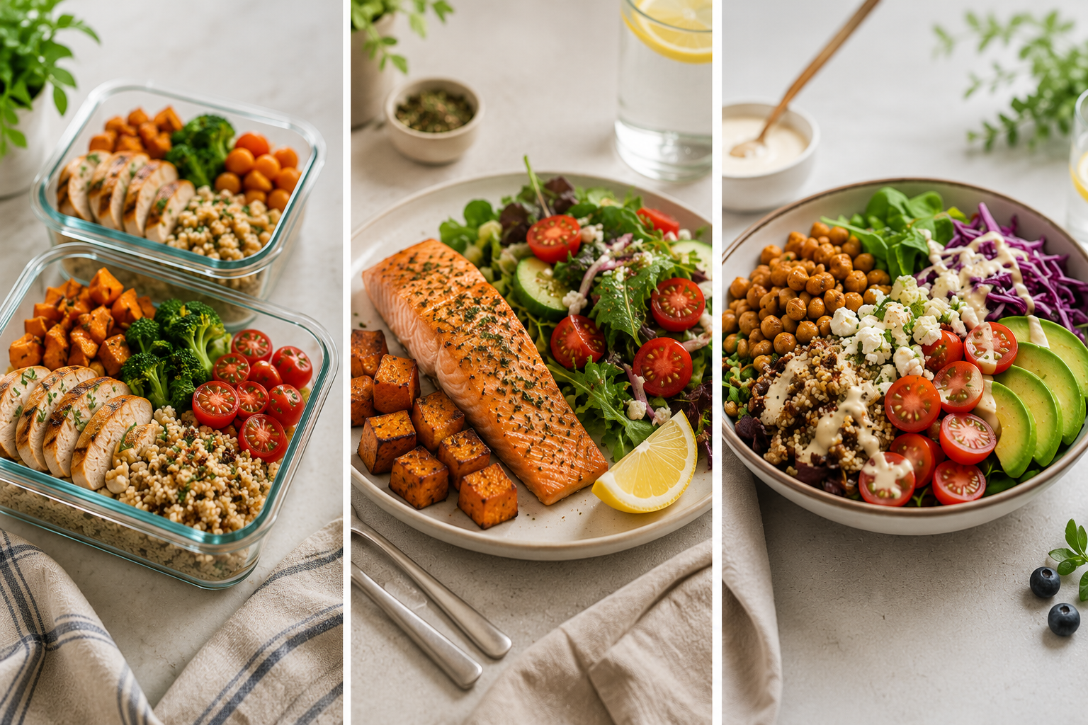 Photo of three dishes: the first with sliced chicken, cherry tomatoes, broccoli, chickpeas, and couscous in two glass containers; the second with grilled salmon, mixed greens, cherry tomatoes, cucumber, tofu bites, and lemon wedges on a white plate; the third with a salad containing chickpeas, cherry tomatoes, avocado, purple cabbage, greens, feta cheese, and sunflower seeds in a bowl.