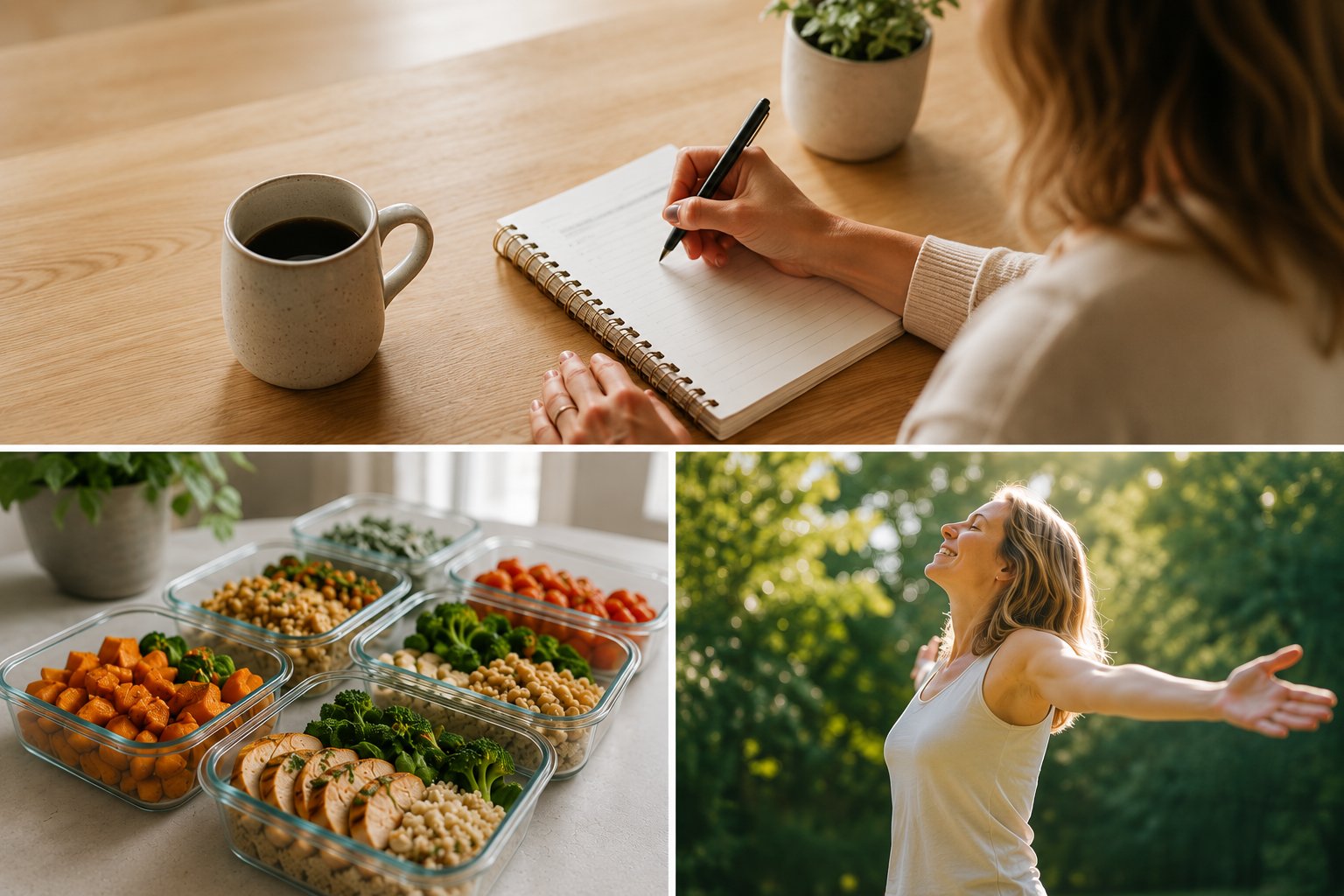 Top image shows a person writing in a notebook, a cup of coffee, and a potted plant on a wooden table. Bottom left image displays multiple containers of chopped vegetables and salad ingredients. Bottom right image features a woman outdoors with her arms outstretched, smiling with her eyes closed in a sunny, green park.