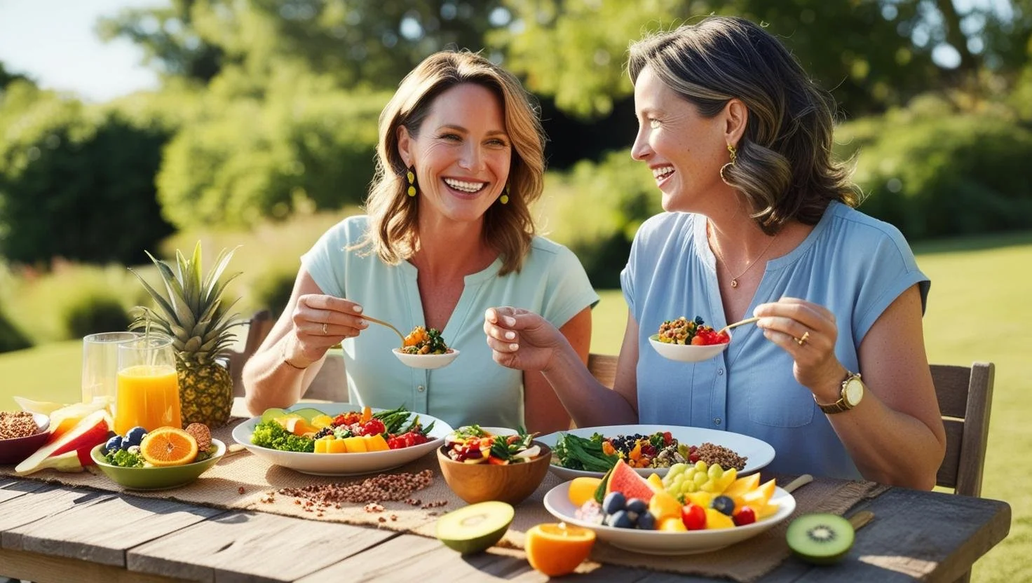 Two women smiling and enjoying a meal outdoors at a table filled with various fruits and salads, with a pineapple and glasses of orange juice, on a sunny day in a lush green garden.