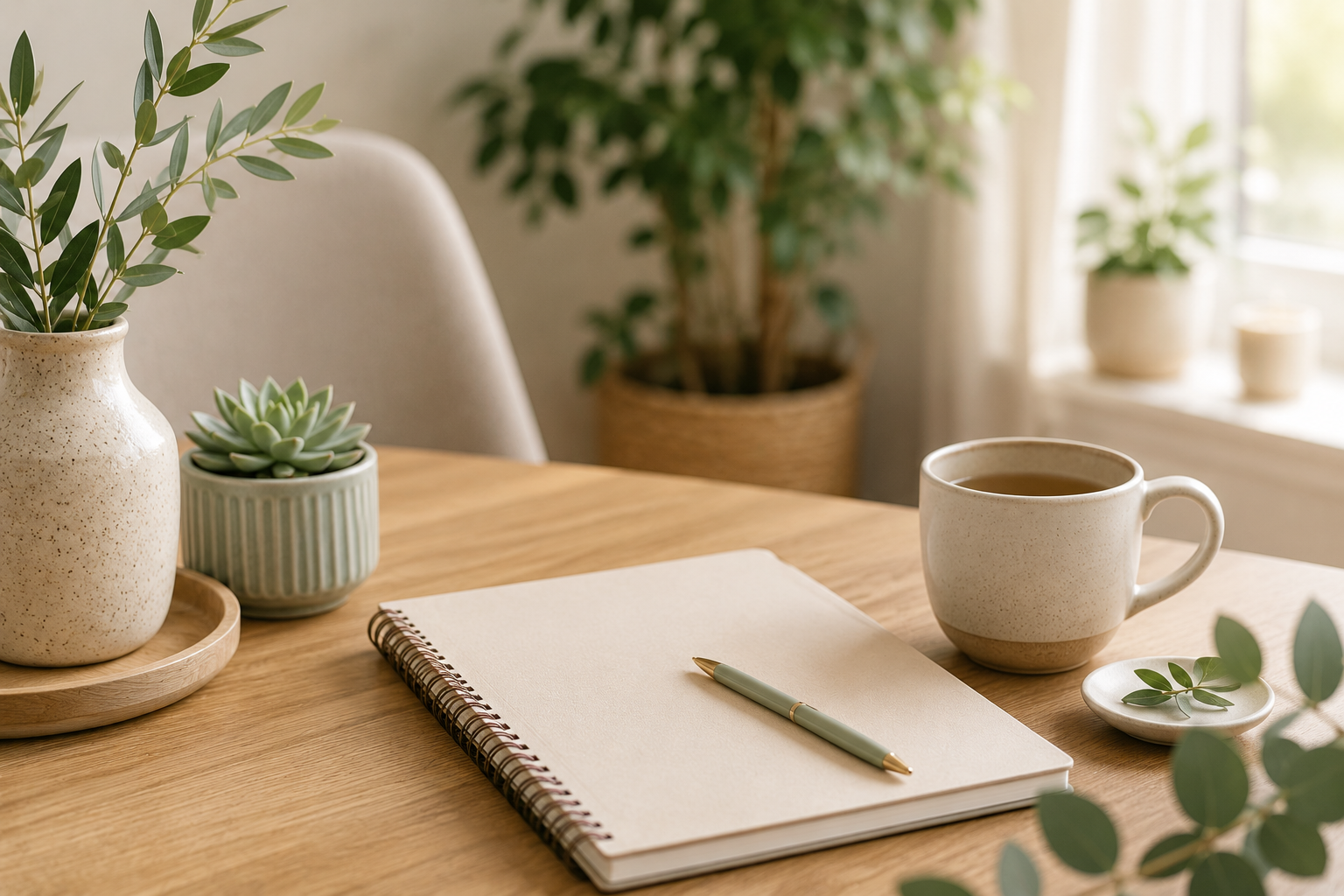 A wooden table with a potted plant, succulent, notebook, pen, and mug, with a window in the background showing greenery and potted plants on the windowsill.