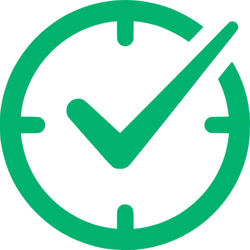 A green clock with a check mark inside, indicating time or task completion.