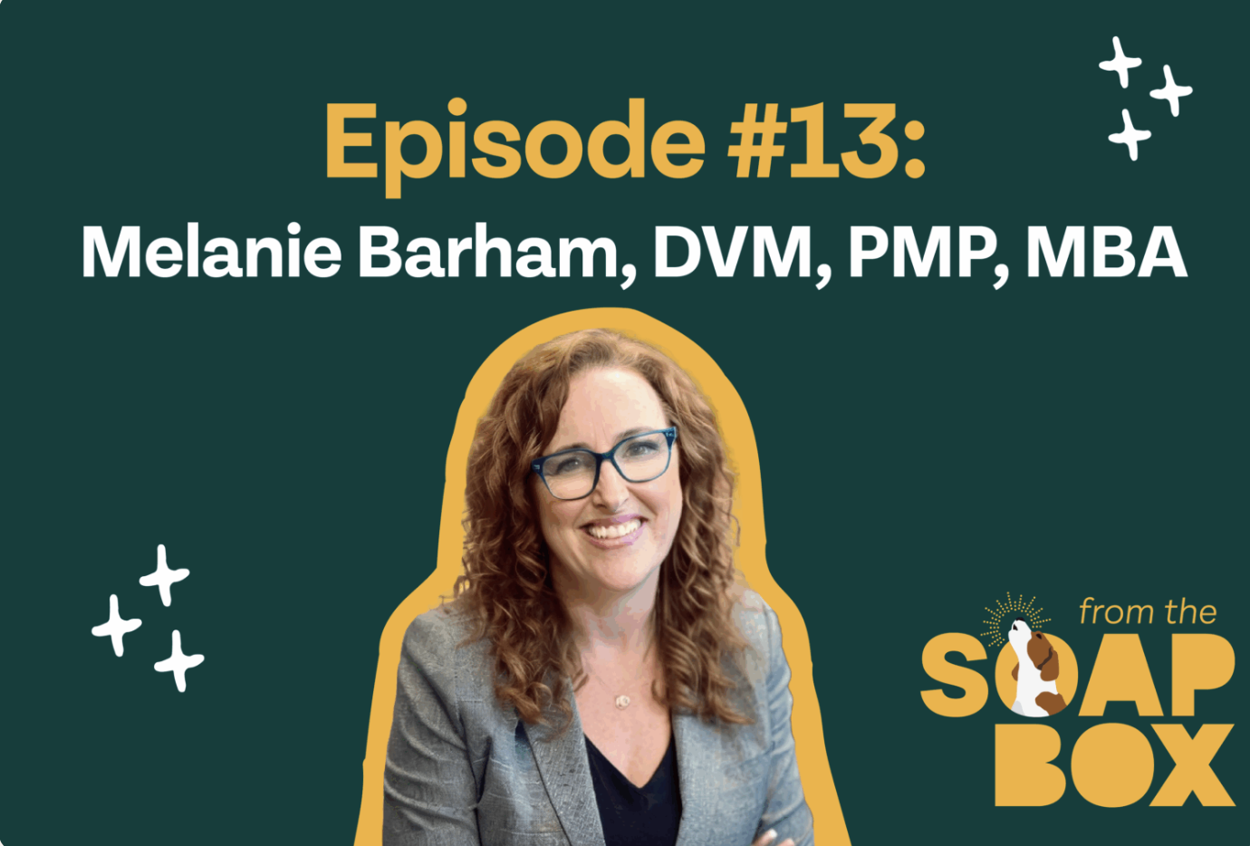 Promotional graphic for episode 13 featuring Melanie Barham, DVM, PMP, MBA, with a photo of her smiling, curly-haired woman wearing glasses, against a dark green background with decorative stars, and Soap Box logo with a dog and cat silhouette.