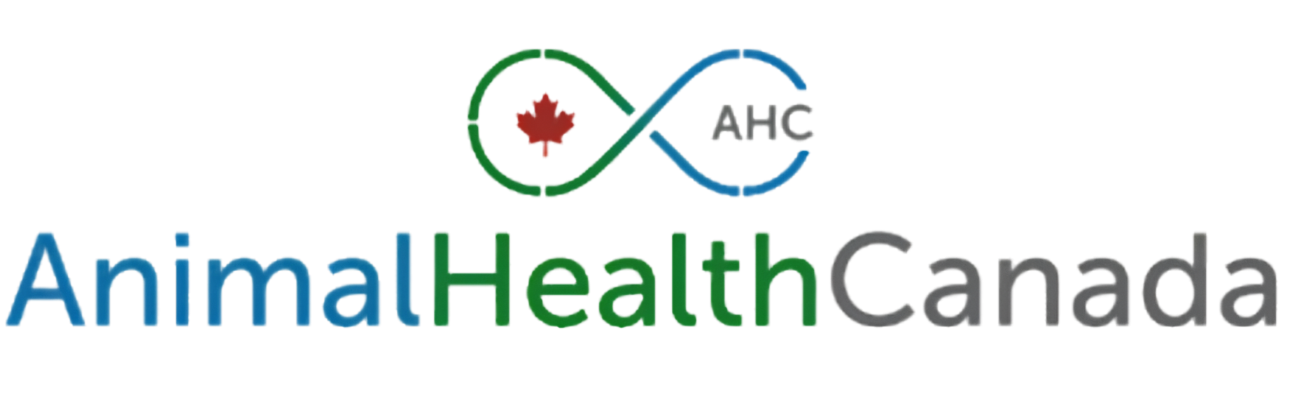 Logo for Animal Health Canada. The logo features a green and blue infinity symbol with a red maple leaf in the center, representing Canada. The words 'Animal Health Canada' are written in large blue, green, and gray text below the symbol, with a barcode-like design at the bottom left.