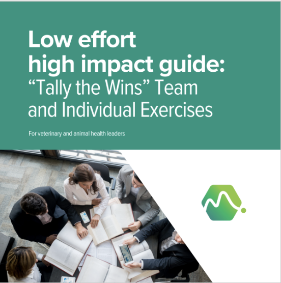 Cover of a guide titled 'Low effort high impact guide: 'Tally the Wins' Team and Individual Exercises' for veterinary and animal health leaders, featuring a top-down view of a diverse group of people working together at a table with open notebooks and tablets.