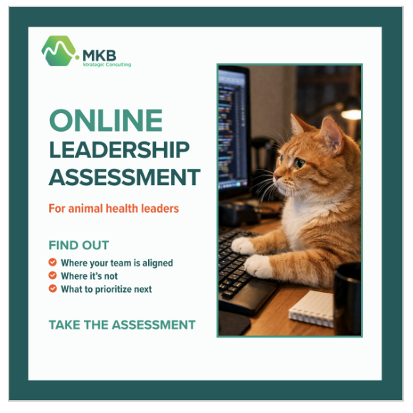 An online leadership assessment flyer for animal health leaders featuring a cat using a computer keyboard and monitor.