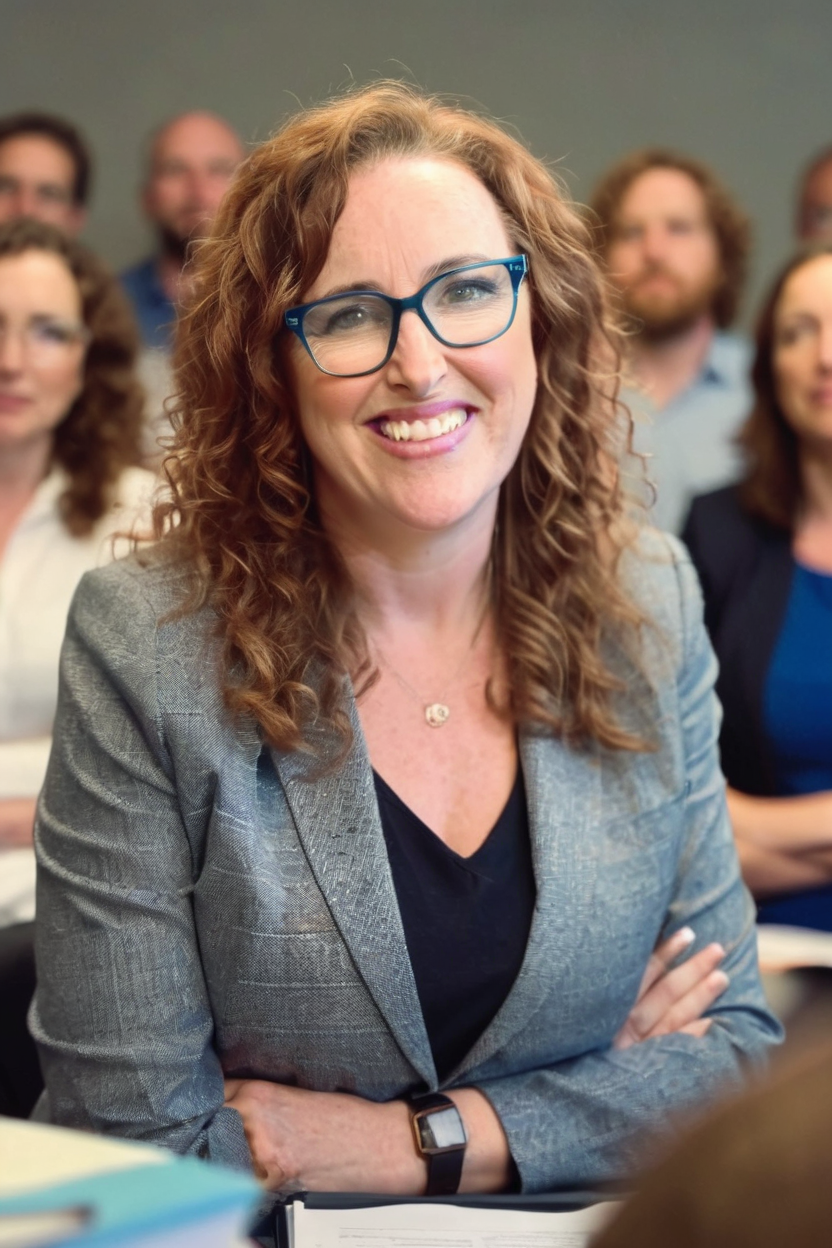 Dr. Melanie Barham is smiling at an indoor event, with a group of blurred people in the background.