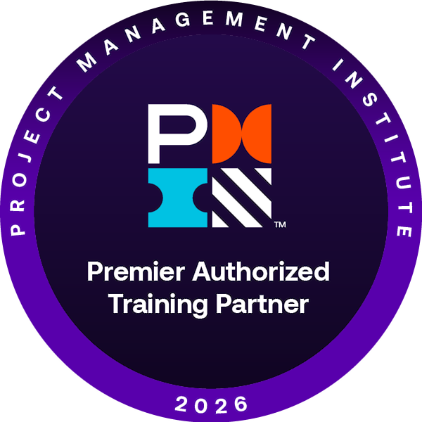 Circular badge with a dark purple background and purple border, featuring the Project Management Institute logo at the center and text that reads 'Premier Authorized Training Partner 2026'.