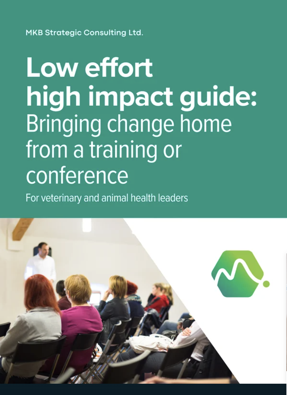 Cover of a guide titled 'Low effort high impact guide: Bringing change home from a training or conference' by MKB Strategic Consulting Ltd., featuring a group of people attending a presentation.