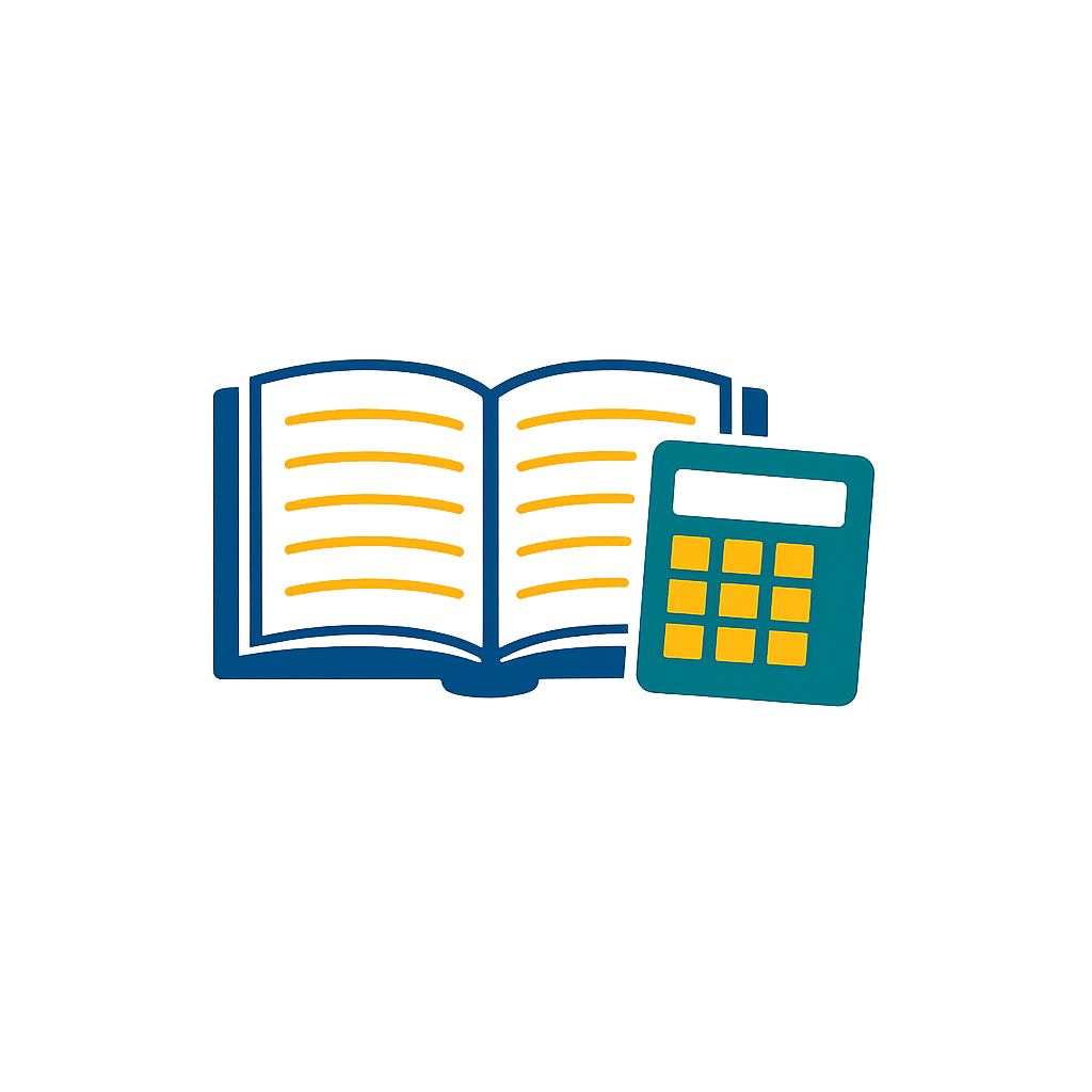 An illustrated open book with yellow pages and a calculator in front of it.