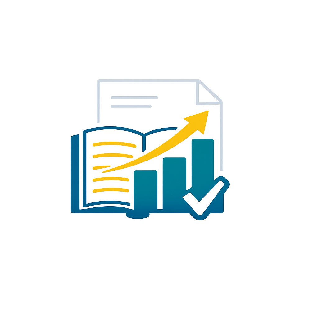 A graph showing growth with an upward arrow, a check mark, and a laptop in the background.
