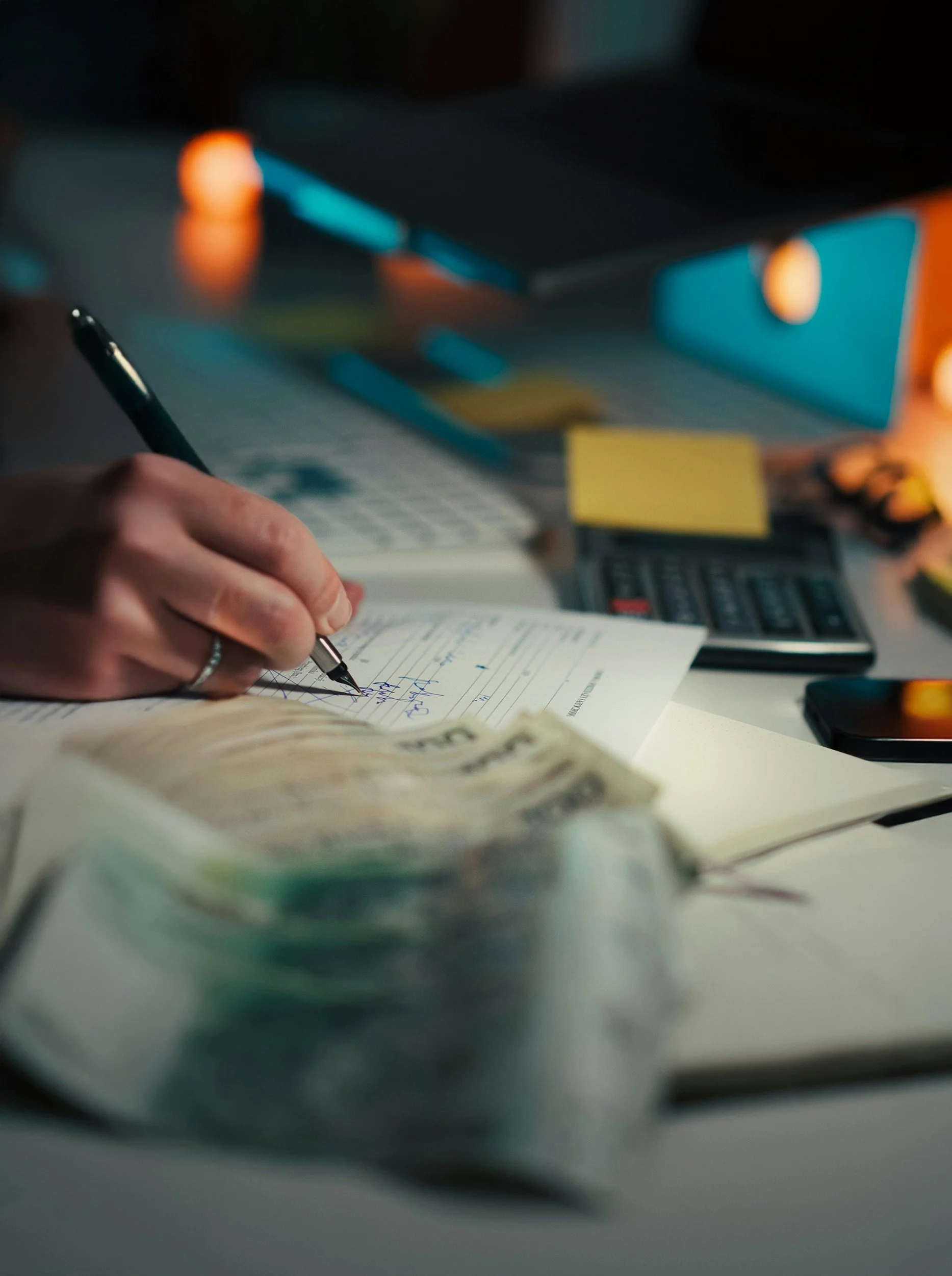A person writing on a notepad with a pen, with various office supplies, a calculator, and sticky notes on the desk, and blurry background items.