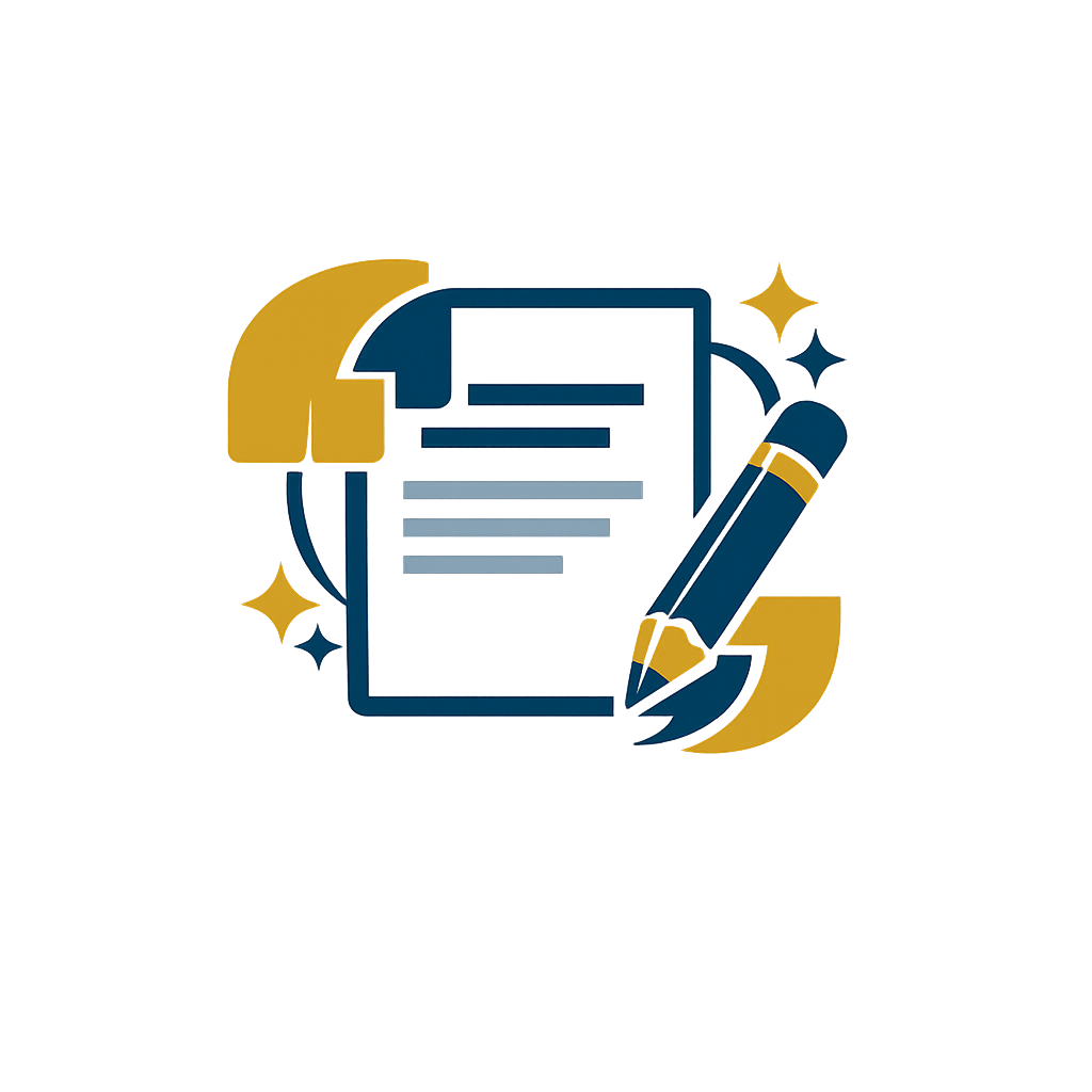 Digital illustration of a clipboard with a document, a pencil, and sparkles, representing writing or editing.