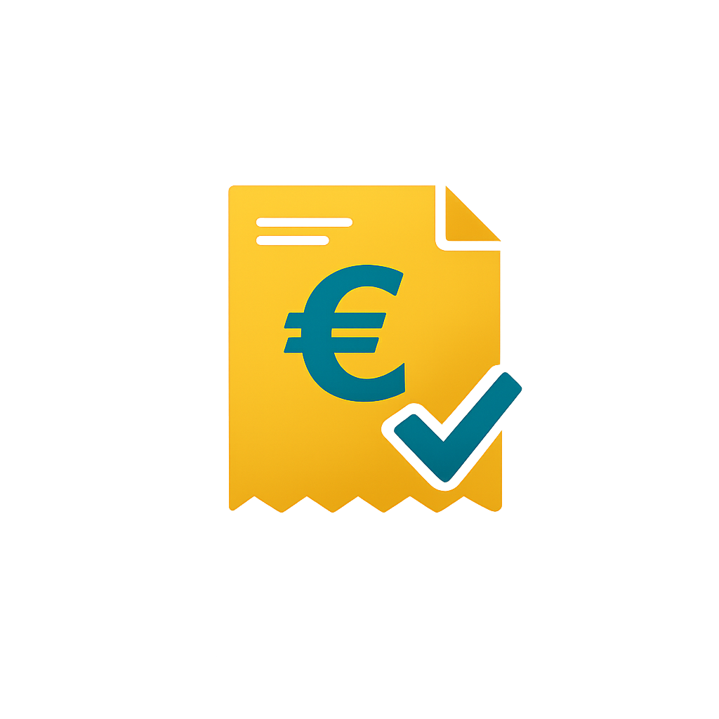 Digital illustration of a yellow document with a euro symbol, a checkmark, and a glow effect