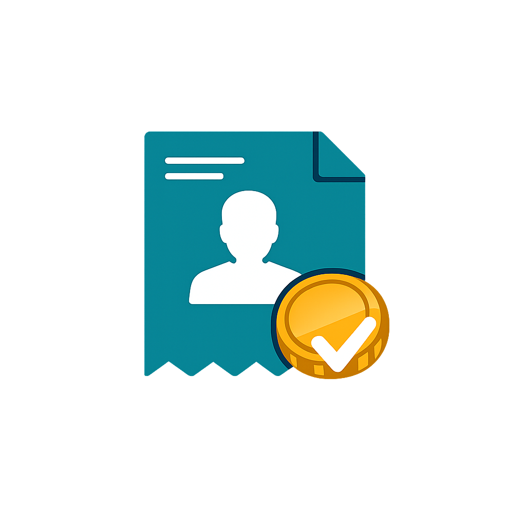 Digital ID card with silhouette of a person and a checkmark coin icon.