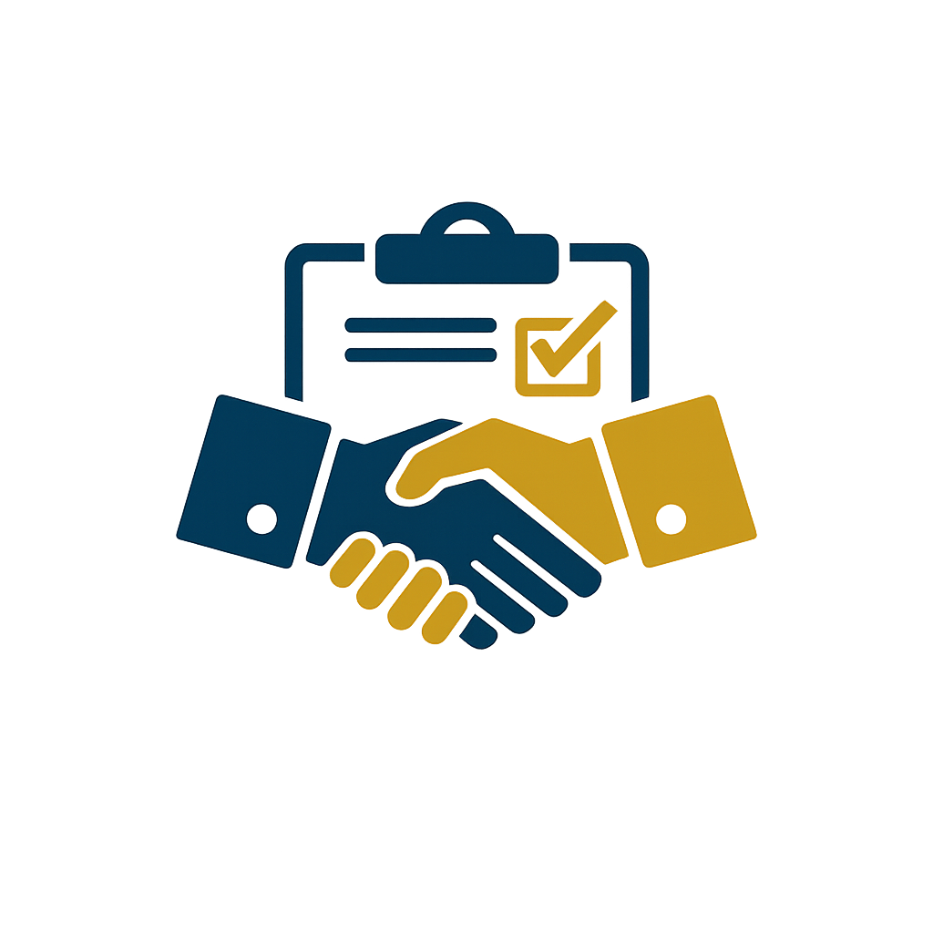 Illustration of a handshake with a clipboard and checklist in the background, symbolizing agreement or partnership.