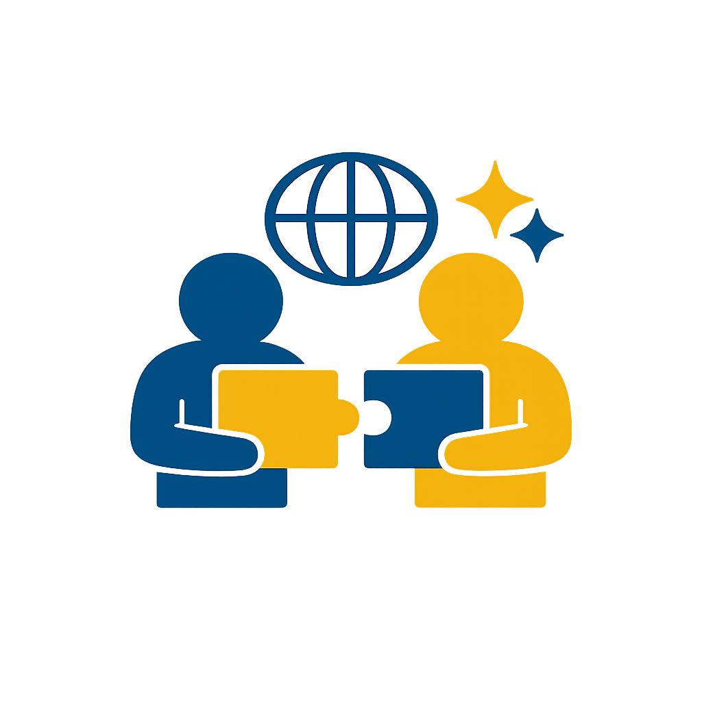 Two stylized human figures, one blue and one yellow, holding a puzzle piece each, with a globe and star icons in the background, symbolizing global collaboration and digital connection.