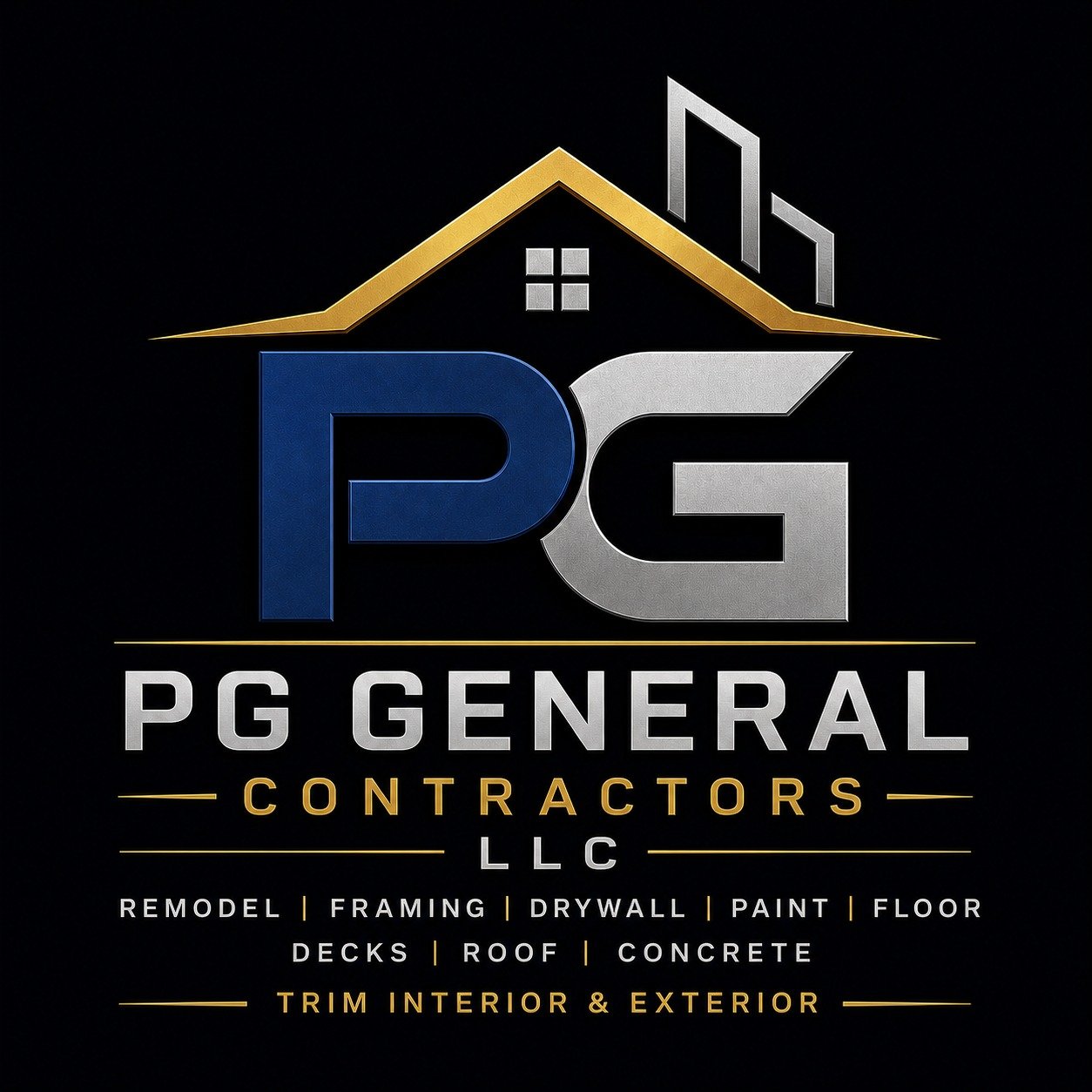 Logotipo de PG General Contractors LLC con una casa y letras estilizadas P y G, en colores azul, plata, dorado y gris, con texto sobre servicios de construcción y remodelación.