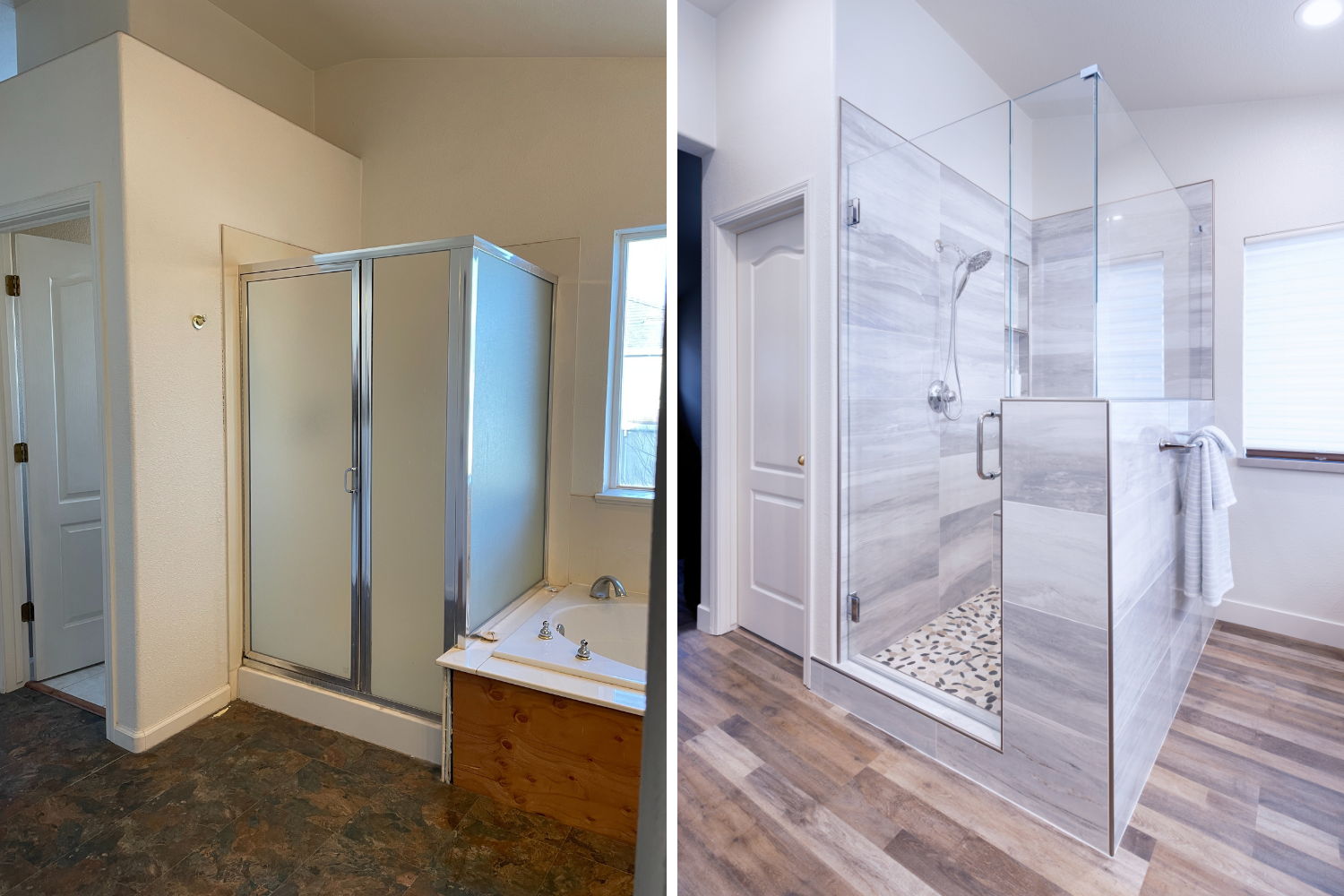 Antes y después de una renovación de baño, mostrando un baño viejo a la izquierda con un inodoro y ducha antiguos, y un baño moderno a la derecha con ducha de cristal y paredes de azulejo gris.
