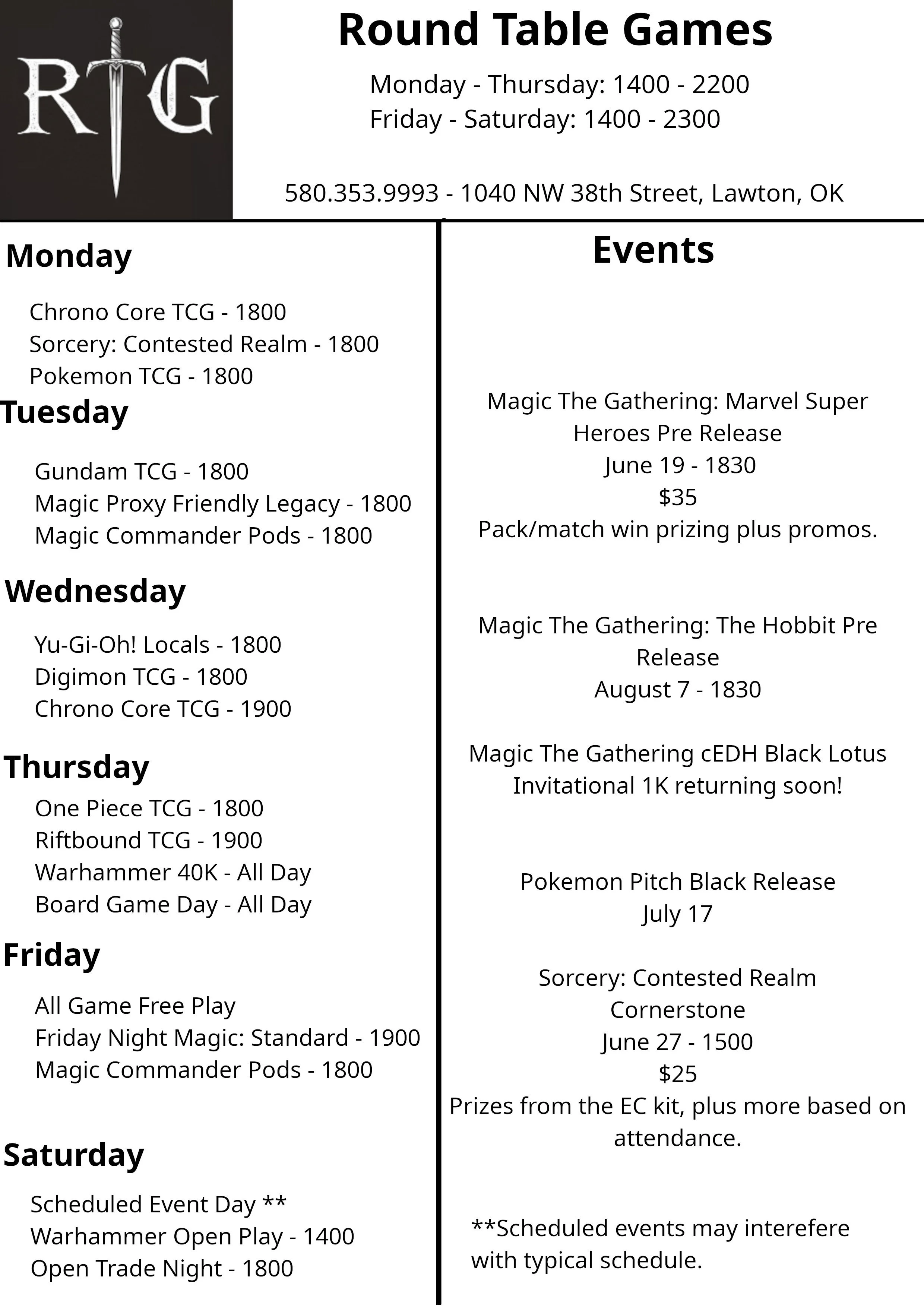 Schedule of round table games at a gaming store, including days, times, and specific game events for each day of the week.