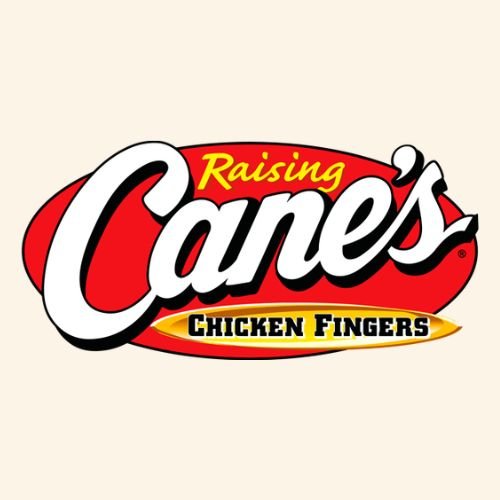 Raising Cane's logo with red background, white cursive text, and yellow accents, promoting their chicken fingers.