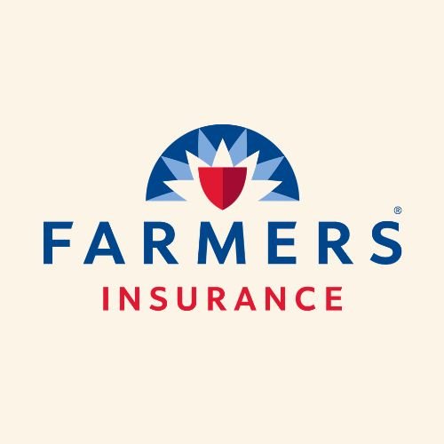 Farmers Insurance logo with a red shield, blue sunburst, and the text 'FARMERS INSURANCE' in blue and red.