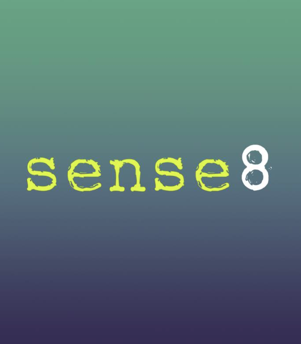 The image shows the word 'sense' followed by the number 8, with a gradient green to dark background.
