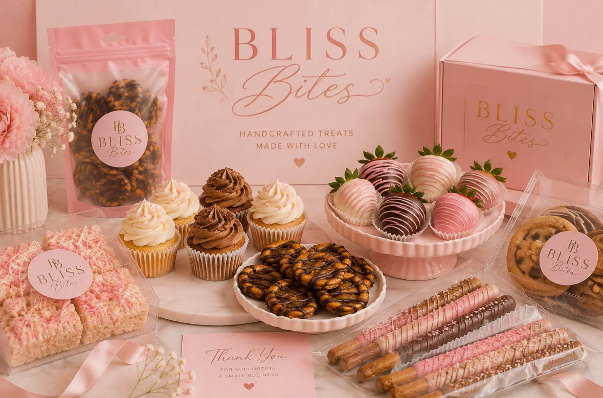 Assorted baked goods, including cupcakes, chocolate-covered cookies, strawberries dipped in pink and white chocolate, assorted cookies, and decorated pretzel sticks, displayed on pink and white dishes and containers with a pink-themed packaging background.