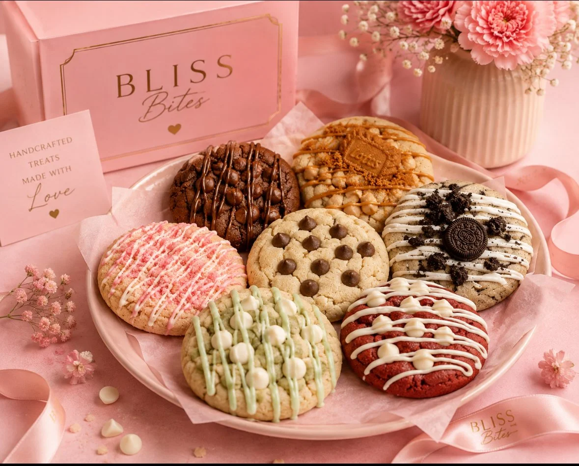 A pink plate with a variety of decorated cookies, including chocolate, peanut butter, cookies and cream, strawberry, and pistachio, arranged on pink tissue paper. A pink sign reads 'BLISS Bites,' and there are pink flowers and ribbons around the display.