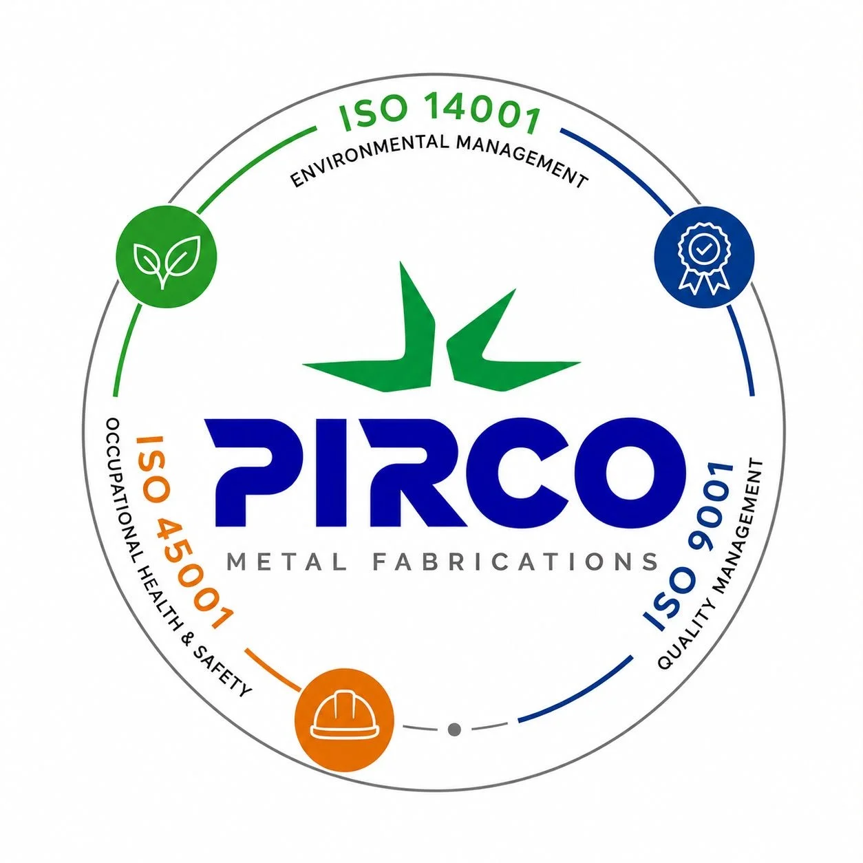 Sello de certificación de gestión ambiental ISO 14001, con el logo y el nombre de PIRCO, una empresa de manufactura metálica, e iconos que representan la salud, seguridad y calidad.