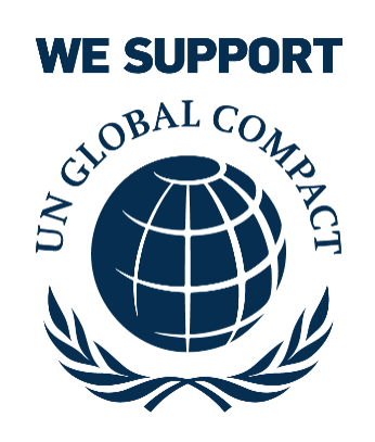 Logotipo que dice "We Support" en la parte superior, con un globo terráqueo en el centro rodeado por la frase "Un Global Compact" y con la base de la imagen adornada con ramas de laurel.