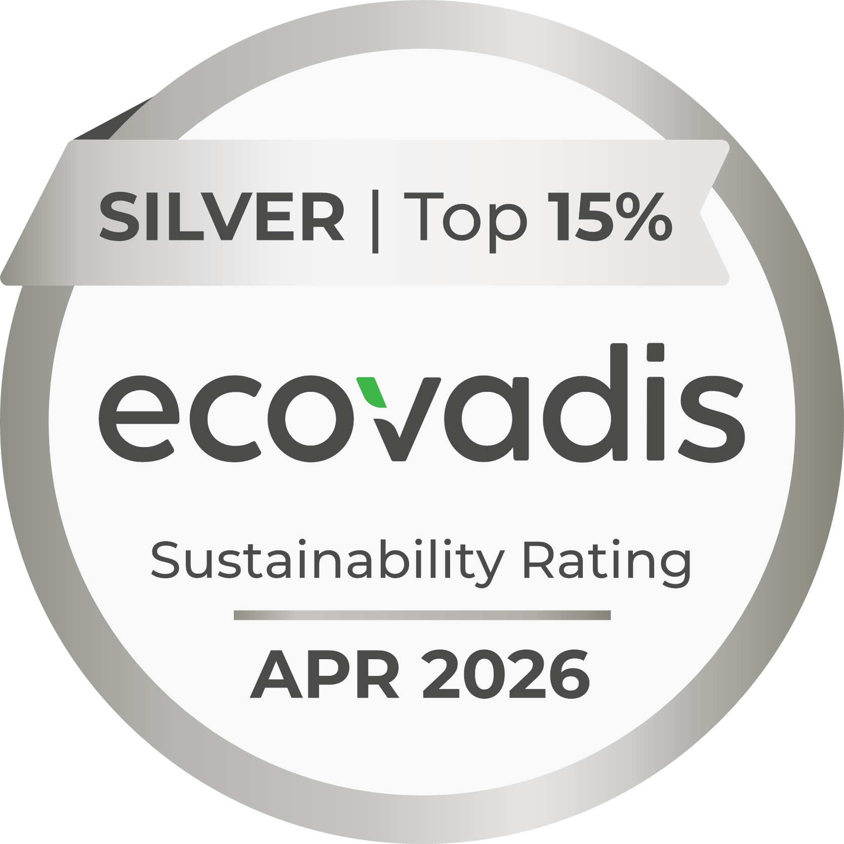 Insignia de certificación de sustentabilidad de EcoVadis, nivel Plata, en abril de 2026.