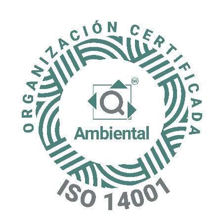 Logotipo de certificación ISO 14001 de organización ambiental, con un diseño circular y un símbolo de lupa en el centro.