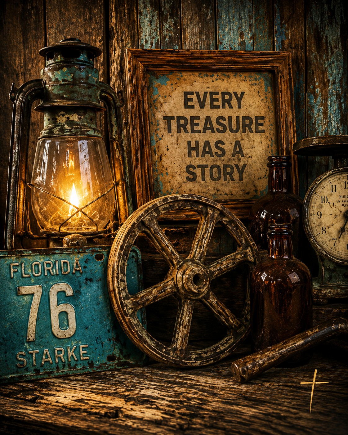 Rustic antique display featuring a vintage lantern, wagon wheel, Florida Route 76 sign, antique clock, and framed "Every Treasure Has a Story" artwork at American Treasure Hunter in Starke, Florida.