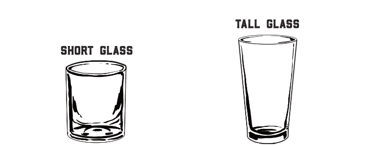Illlustrated difference between a short "rocks" glass of about 8 ounces versus a tall "Pint" glass of about 16 ounces.  Tall will contain more non alcoholic ingredients than the shorter counterpart