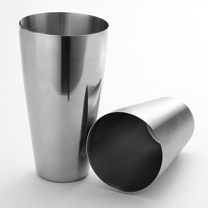 Image with two halves of a boston shaker, one slightly smaller so it fits inside forming a seal.