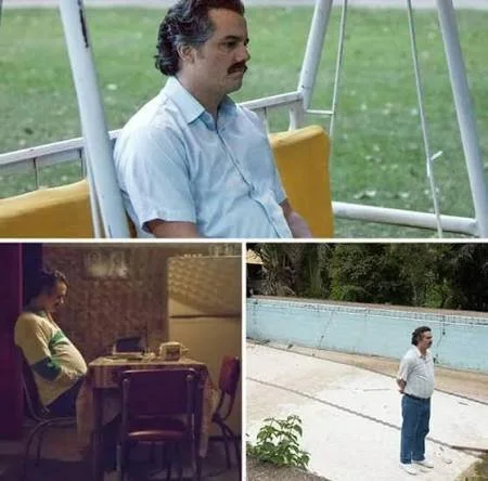 Pablo escobar waiting meme.  Three panels, one with Escobar waiting on a bench outside, one with him at a table indoors, and one with him standing in an empty pool