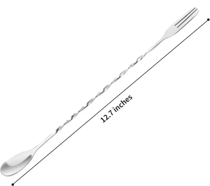 a spoon labeled as 12.7 inches long.  One end has a thin spoon shape, the other has a flat trident shape.  The metal in the middle is twisted around