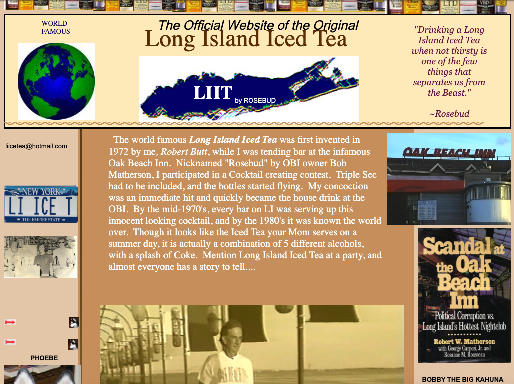 Excerpt from liicetea.com showing brown, early 90's style website.  It has a brief description of Rober Butt creating the cocktail for a cocktail competition at the bar he worked at.  It also features a variety of early 90's ads and clippings.
