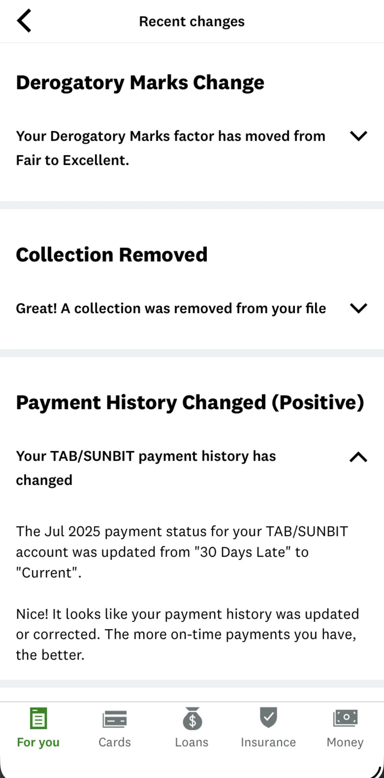 Screenshot of a mobile banking app displaying recent account changes, including a change in derogatory marks, collection removal, and positive payment history update.