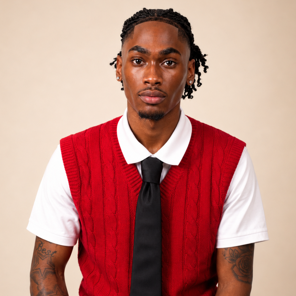 A young man with medium brown skin, short dreadlocks, and earrings, wearing a white shirt, a black tie, and a red cable-knit vest, standing against a plain beige background.