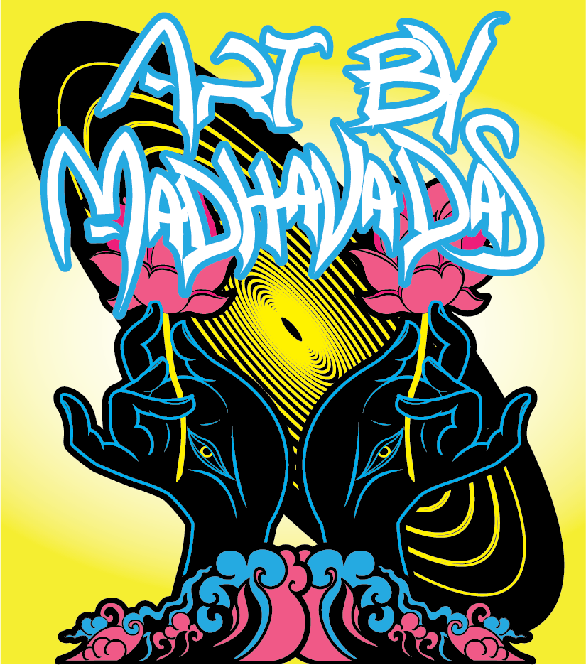 Colorful graffiti-style artwork with the text 'Art by Madhavidas' and a design of hands holding pink lotus flowers against a yellow background.